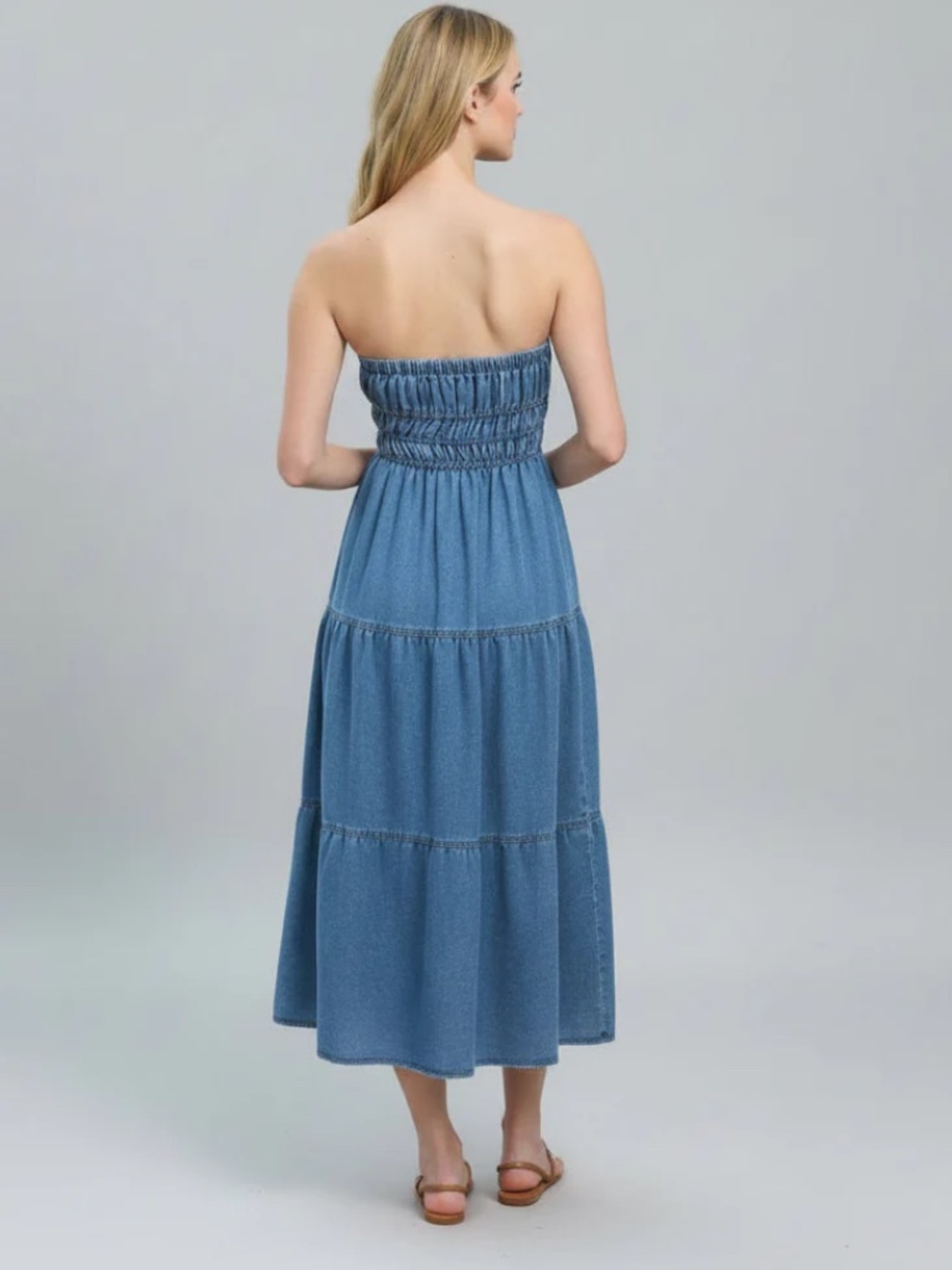 NWT Strapless Shirred Tiered Denim Midi Dress - Picture 2 of 7